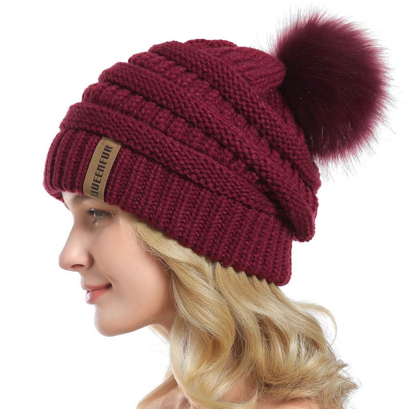 QUEENFUR Women Knit Slouchy Beanie Chunky Baggy Hat with Faux Fur Pompom Winter Soft Warm Ski Cap - Image 3